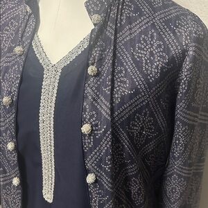 Navy Blue kurta bandhani print jacket style tulip pants, duppatta silver trim
S